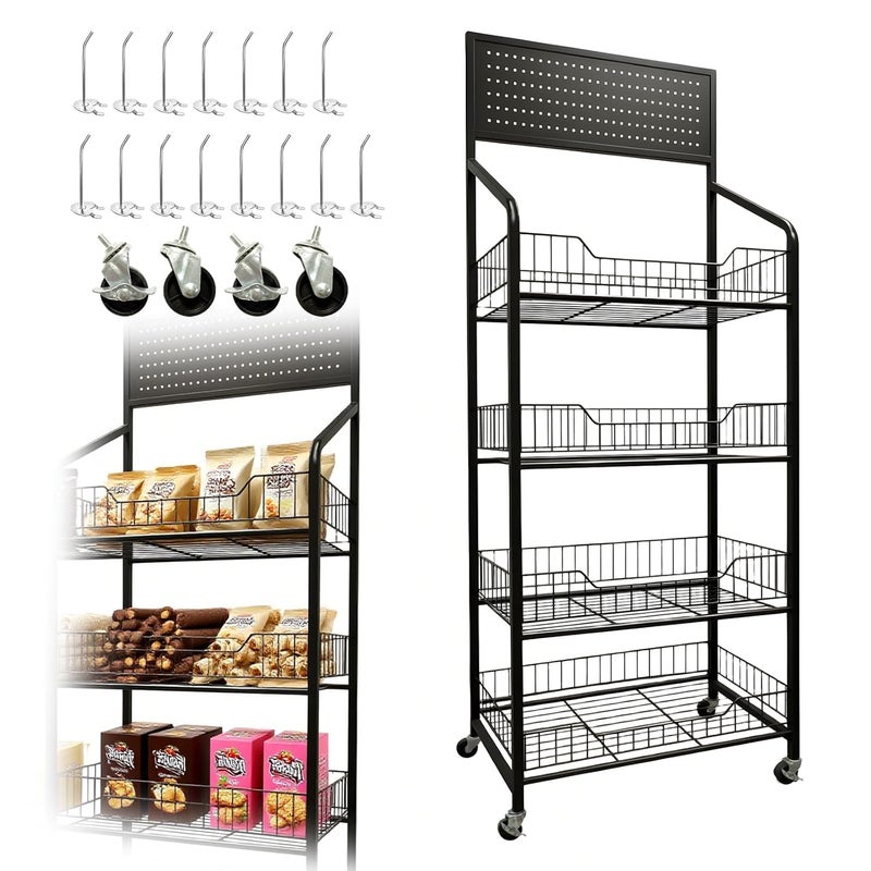 Nerxerx 4 Tier Retail Candy Display Rack Metal Storage Shelf with Wheels & 15 Hooks Concession Candy Snack Display Racks Sturdy and Stable Chip Shelf Rack for Stores, Kitchen, Office (4 Tier Black 50cm) - Image 1